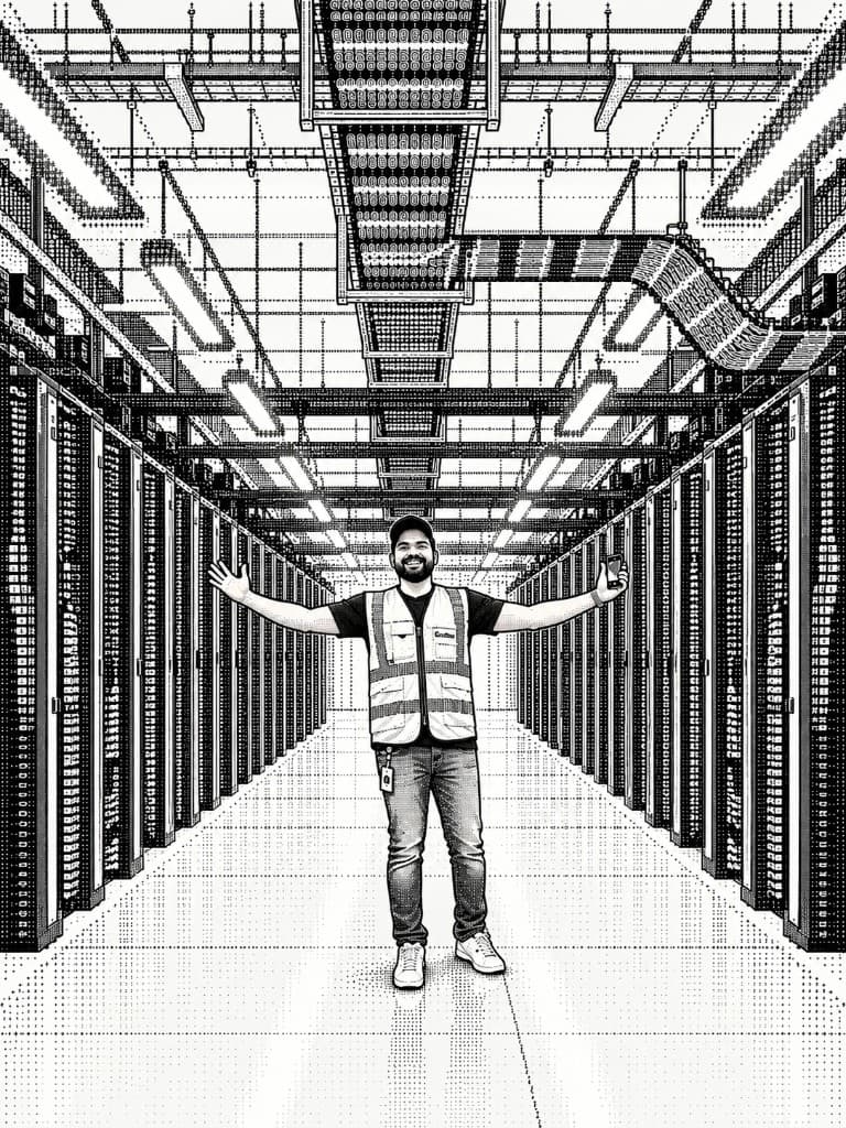 Som, arms wide, in a data centre aisle